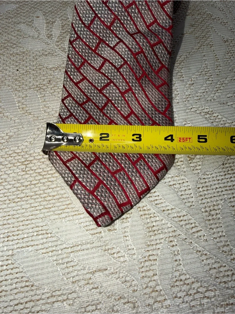 Emilio Ponti Silver And Red Geometric Handmade Silk Necktie